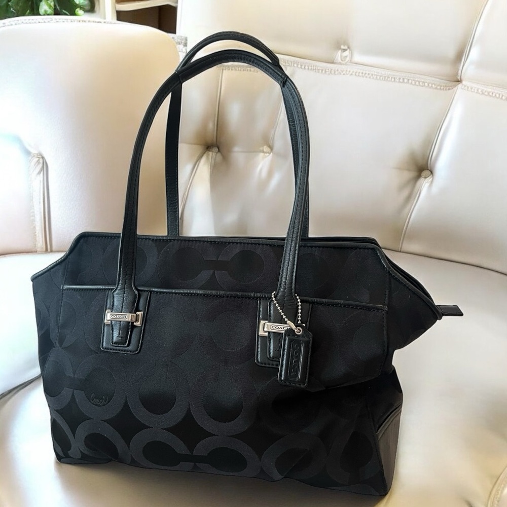 COACH Black Op Art Canvas and Leather Alexis Carryall Shoulder Bag, EUC! F25501